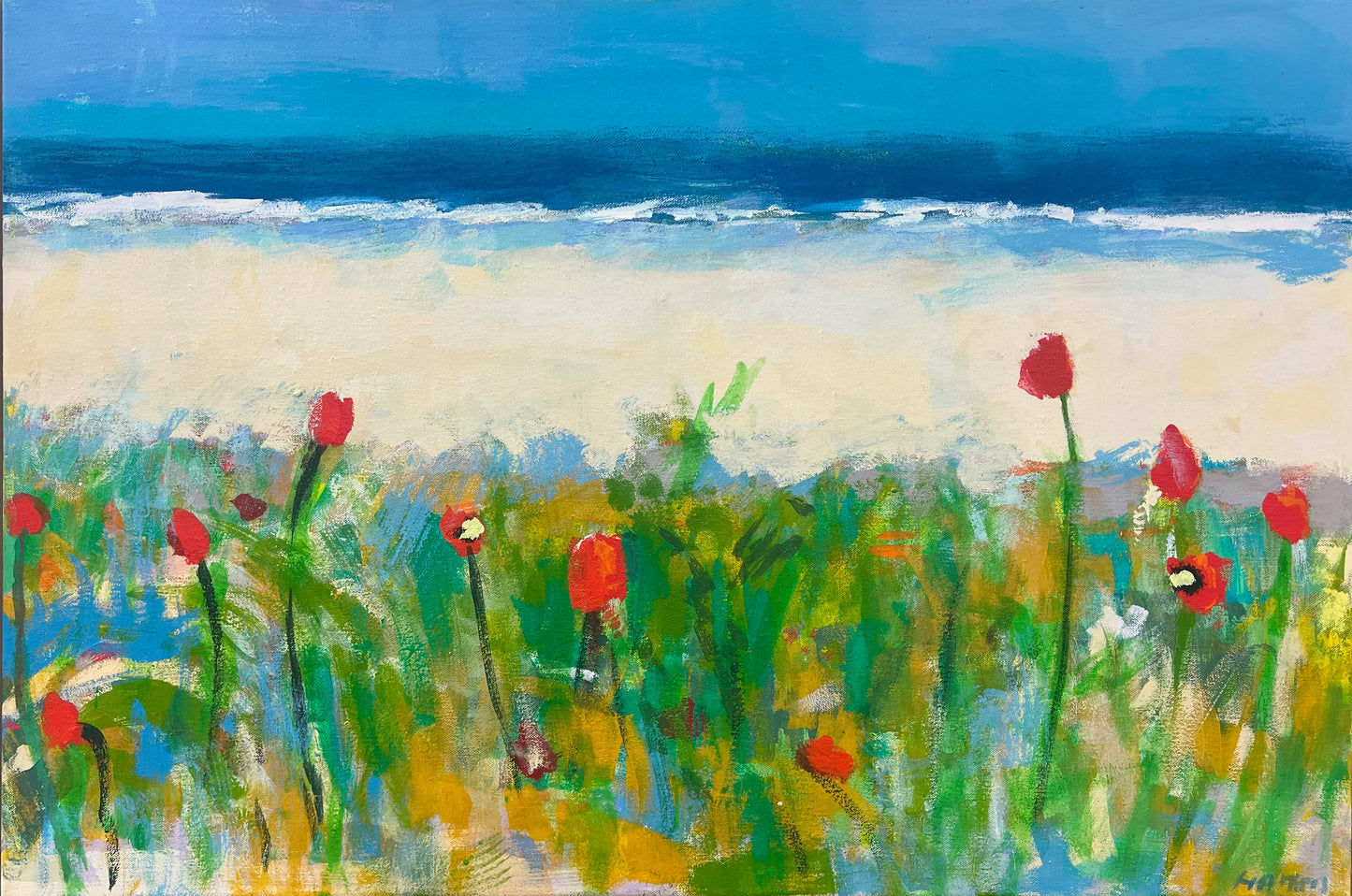 Hansen, Ulrike, Strand mit Mohn, 2023, 80x120cm, Eitempera auf Leinwand