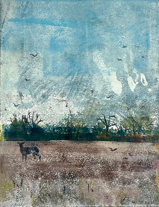 Nesterova & Tchepets, Hirsch auf dem Feld, 31 x 24cm, Mischtechnik