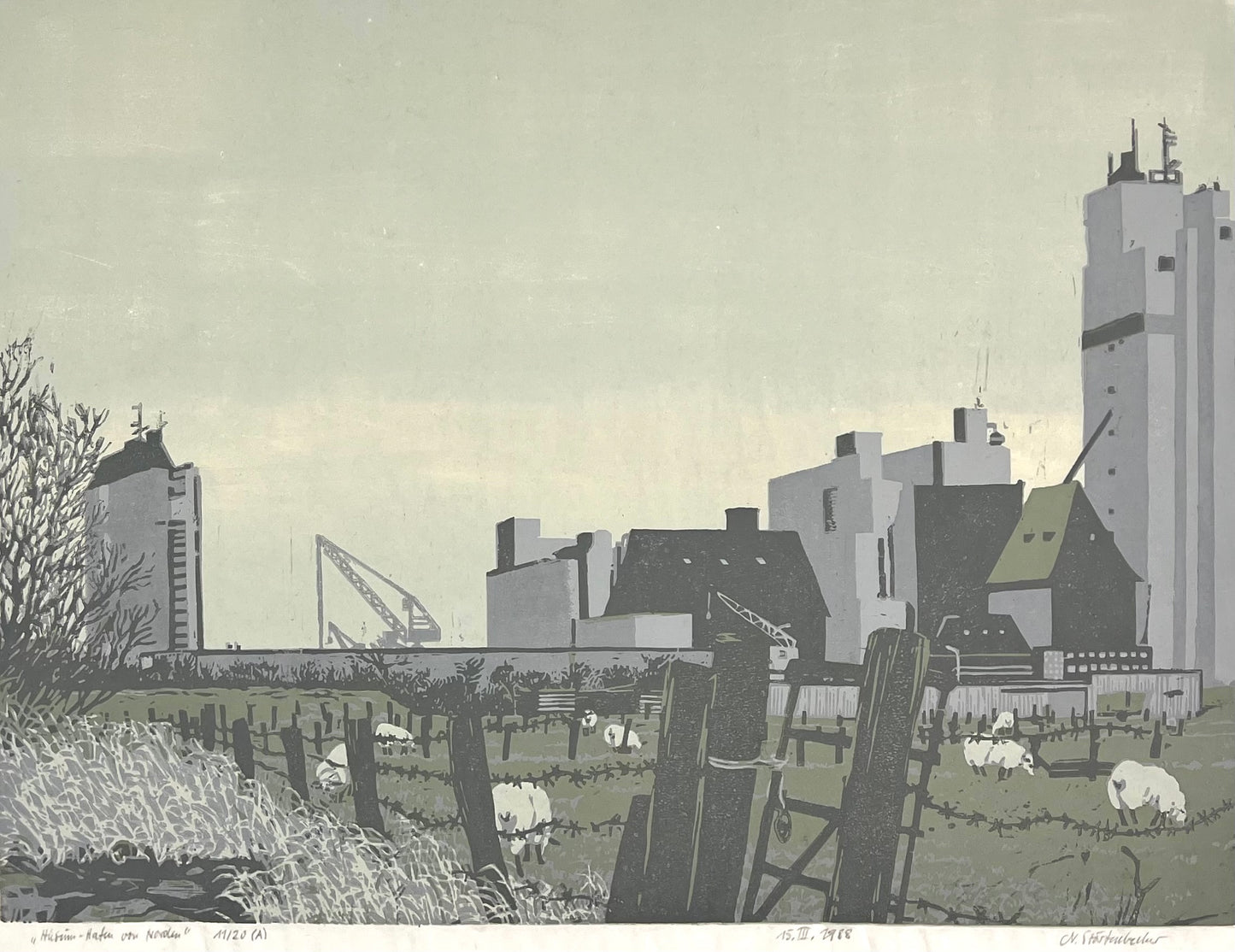 Störtenbecker, Nikolaus, Husum Hafen von Norden, 15.3.1988, Farbholzschnitt Probe 11/20, 45 x 60 cm