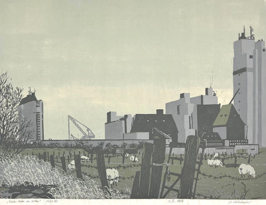 Störtenbecker, Nikolaus, Husum Hafen von Norden, 15.3.1988, Farbholzschnitt Probe 11/20, 45 x 60 cm