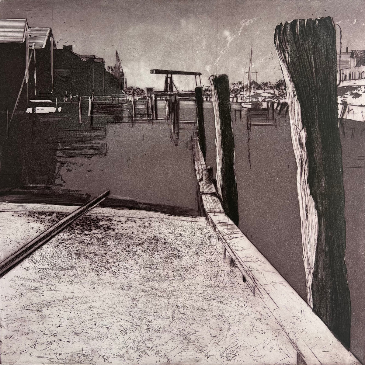 Werkmeister, Wolfgang, Hafen Husum im Quadrat, 32 x 32cm, Probe, Radierung, 1995