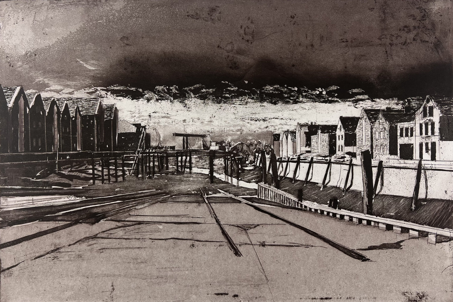 Werkmeister, Wolfgang, Husumer Hafen bei Ebbe, 38,5 x 57cm, Probe, Radierung, 1995