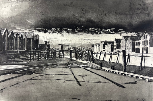 Werkmeister, Wolfgang, Husumer Hafen bei Ebbe, 38,5 x 57cm, Radierung, 1995
