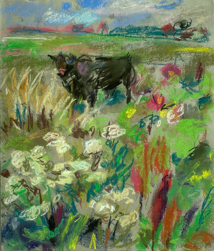 Lipp, Meike, Kuh auf den Marschwiesen, 2023, Unikat, Pastell, 44,5 x 38 cm