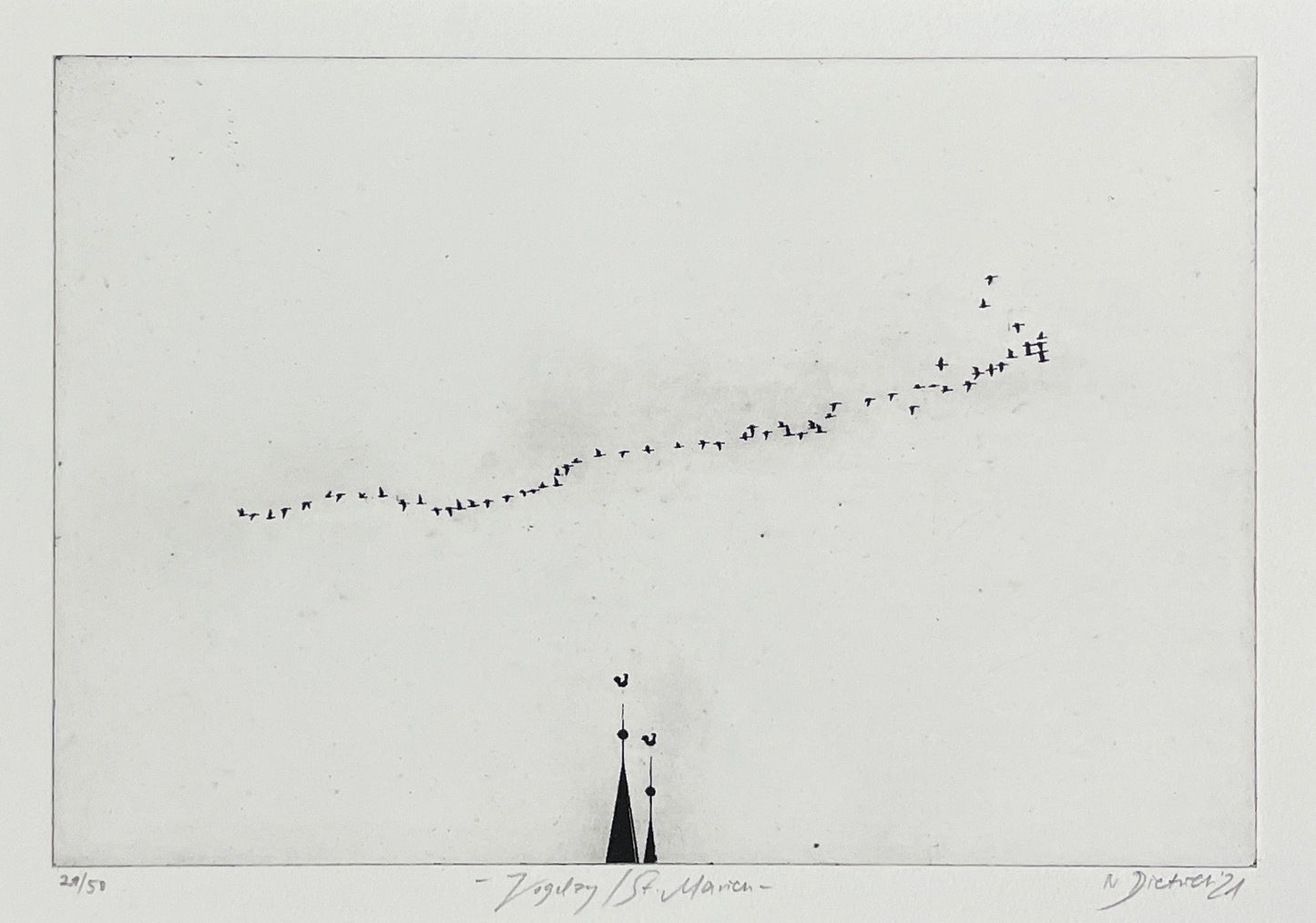 Dietrich, Nadine, Vogelzug St. Marien, Photopolymer Etching Ed. 21/50, 16,8 x 25 cm