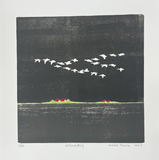 Tautz, Dieter, Gänseflug, 30 x 30cm, 6/10, Farbholzschnitt, 2021