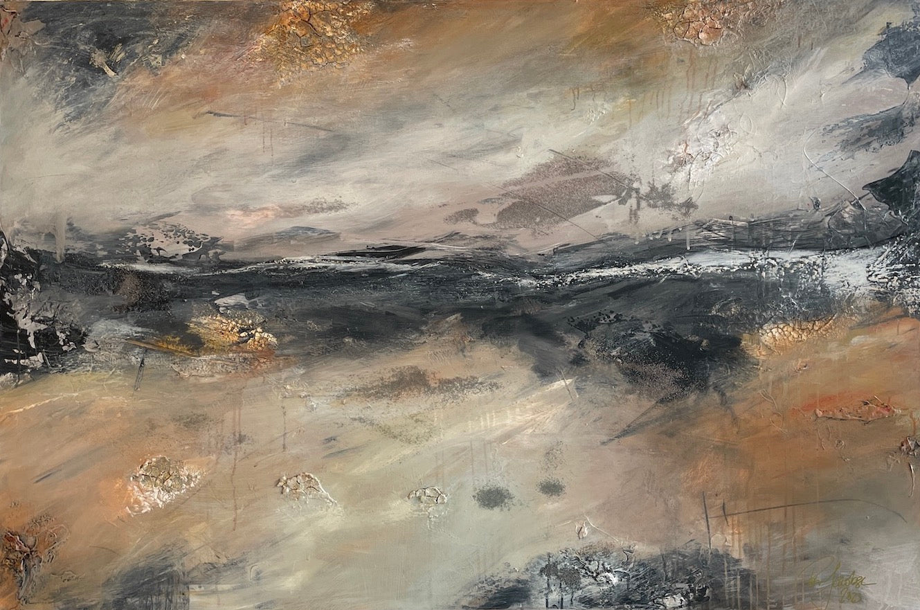 Jacobsen, Petra, Urlandschaft, 2023, Mischtechnik auf Leinwand, 100x150 cm