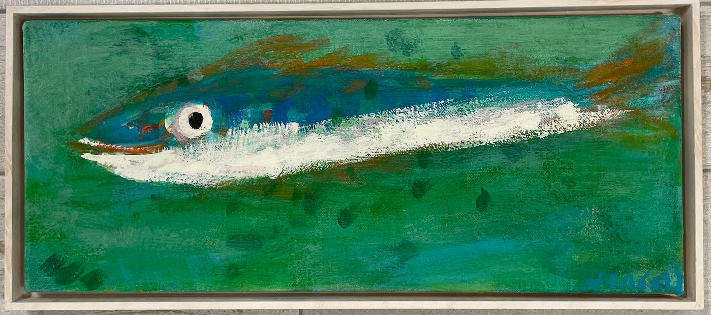 Hansen, Ulrike, Grüner Fisch, 2019, Eitempera auf Leinwand, 25 x 60 cm