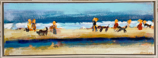 Hansen, Ulrike, Hundespaziergänger, 2019, Eitempera auf Leinwand, 33 x 95 cm