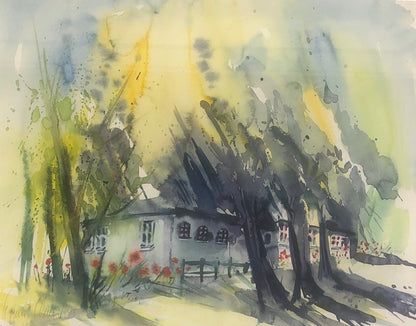 Dreyer, Karin, Friesenhaus unter Bäumen, 36 x 46 cm, Aquarell auf Bütten, 1995