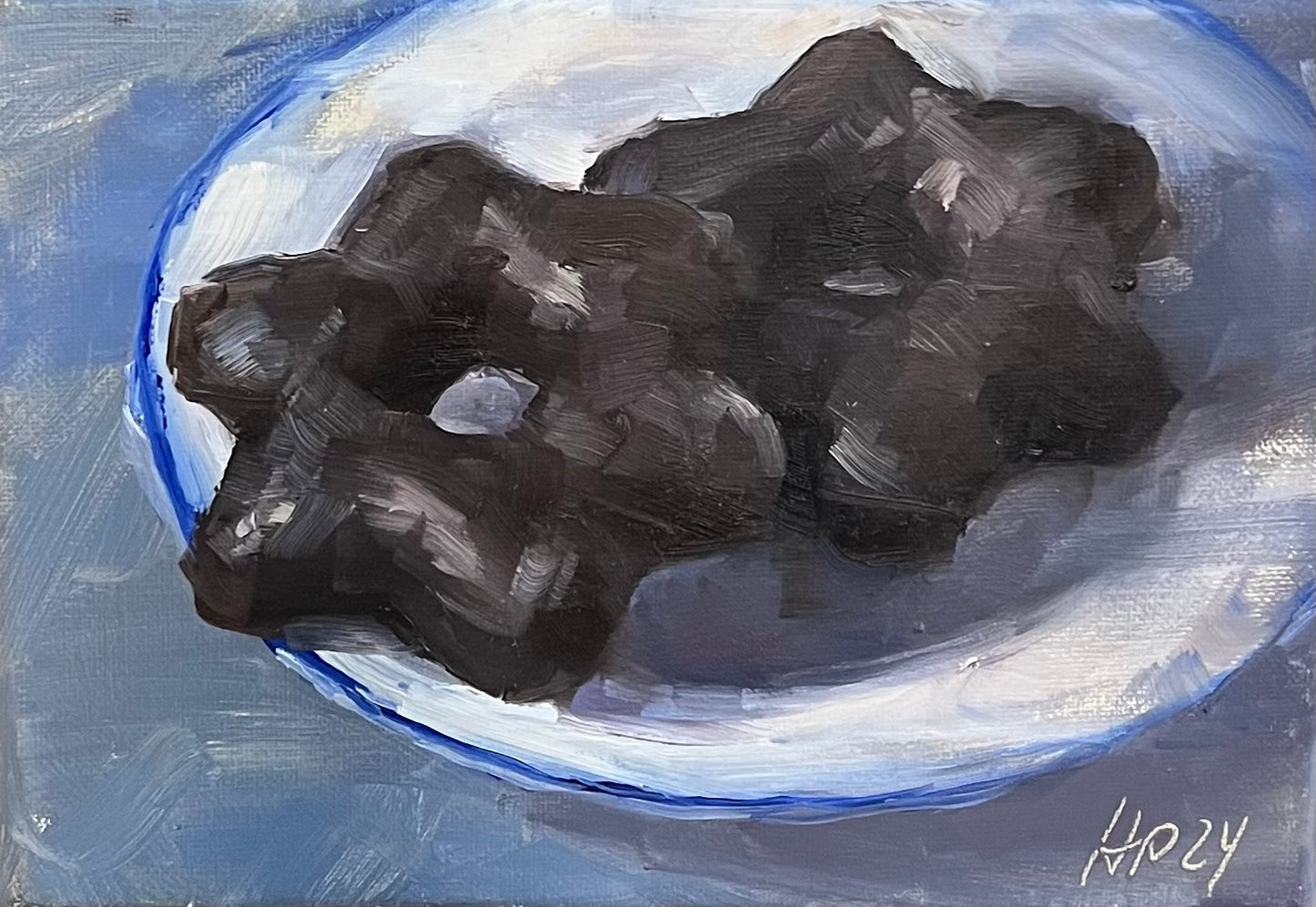 Petermann, Hanna, Zwei Lebkuchen auf einem Teller, 13 x 18cm, Öl auf Leinwand, 2024