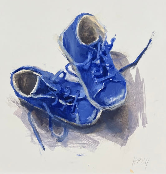 Petermann, Hanna, Kleine blaue Schuhe, 21 x 21cm, Studie, Öl auf Papier, 2024