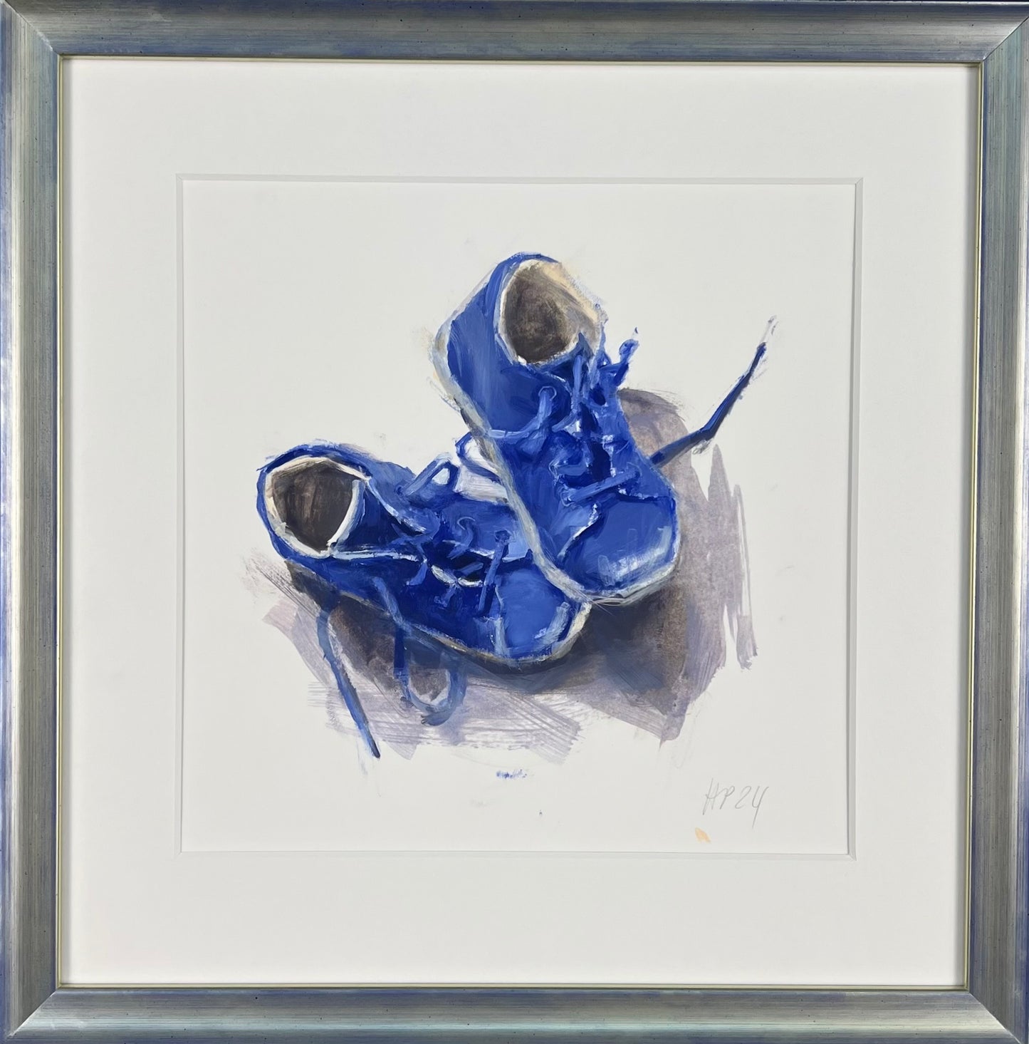Petermann, Hanna, Kleine blaue Schuhe, 21 x 21cm, Studie, Öl auf Papier, 2024