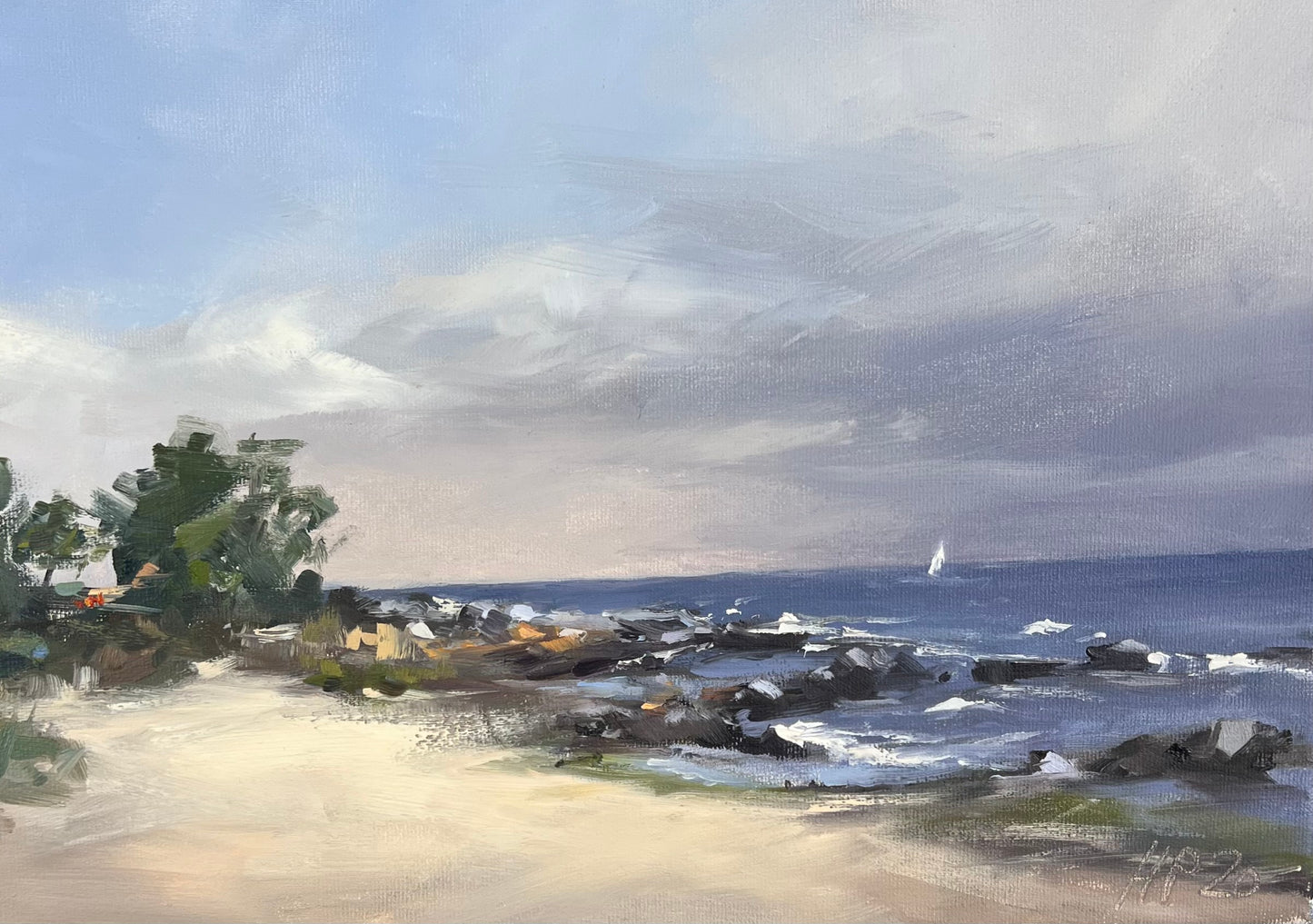 Petermann, Hanna, Strand mit Seglern, Öl auf Leinwand, 25,5 x 35 cm