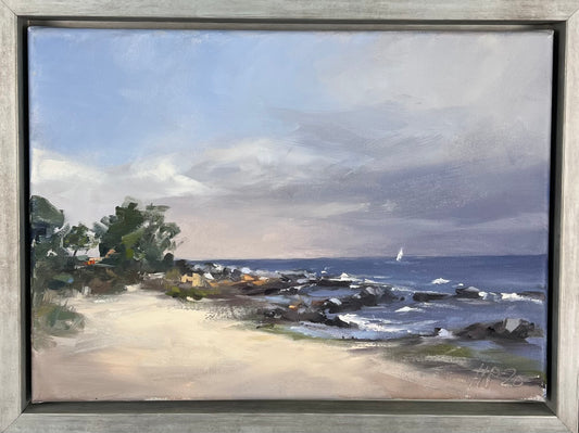 Petermann, Hanna, Strand mit Seglern, Öl auf Leinwand, 25,5 x 35 cm