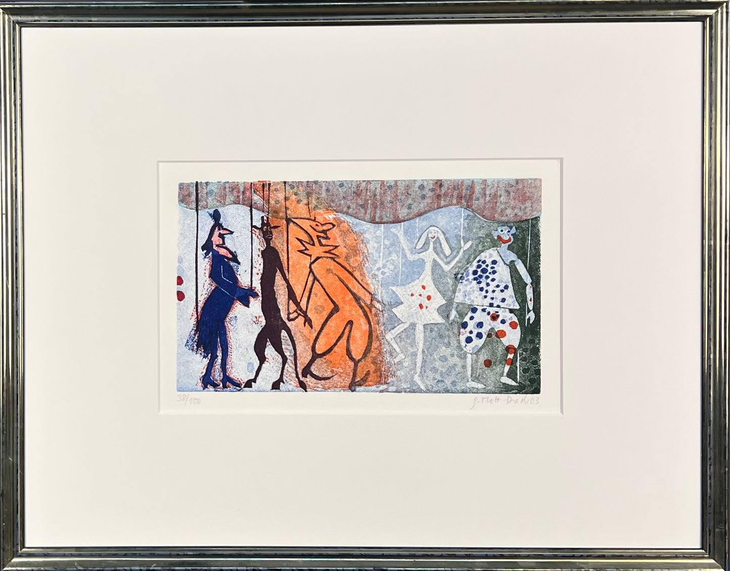 Mott-Dreizler, Gisela, Figurentheater, 17 x 29cm, 38/100, Linoldruck