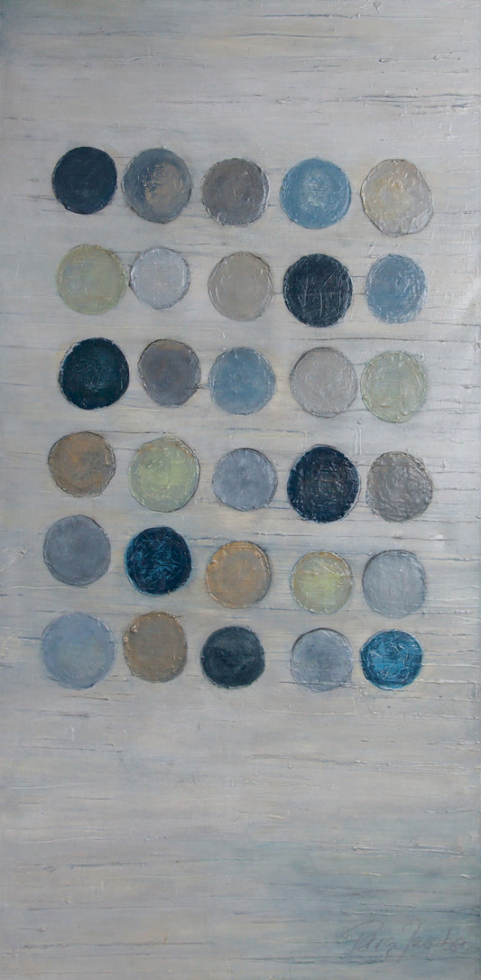 Jacobsen, Petra, Dotties bunt auf grau, 140 x 70cm, Mischtechnik auf Leinwand