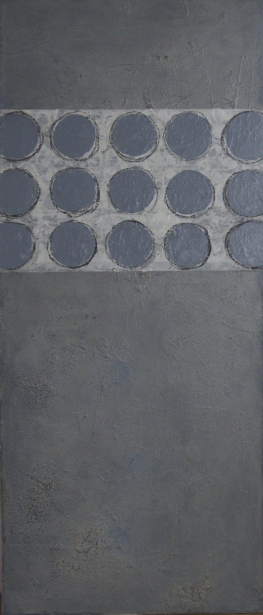 Jacobsen, Petra, Dotties grau-weiß, 140 x 60 cm, Mischtechnik auf Leinwand