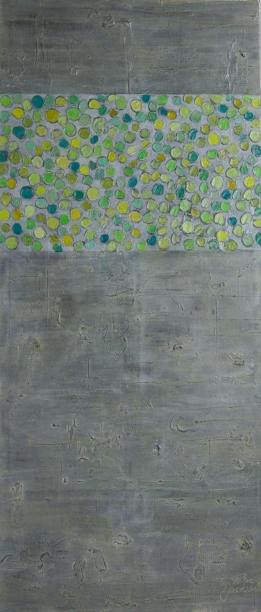 Jacobsen, Petra, Dotties grün auf grau, 160 x 70cm, Mischtechnik auf Leinwand