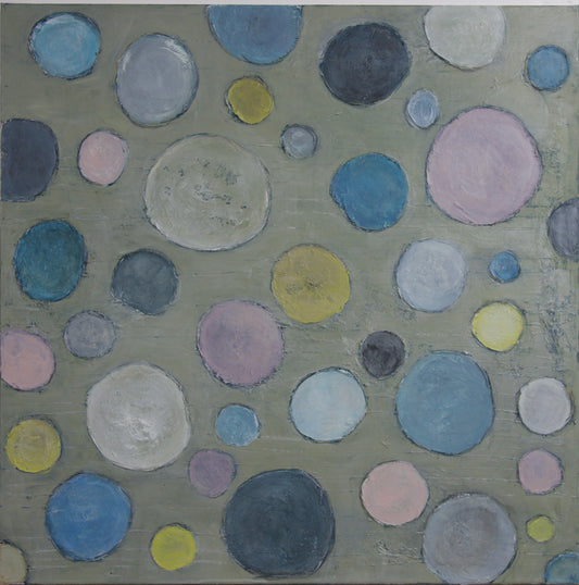 Jacobsen, Petra, Dotties rosa/blau/gelb, 100 x 100cm, Mischtechnik auf Leinwand