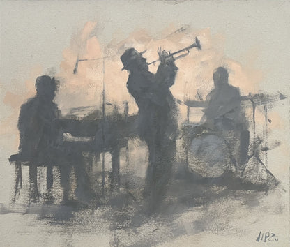 Petermann, Hanna, Jazz-Band, Trompeter, 28 x 33cm, Studie, Öl auf Karton