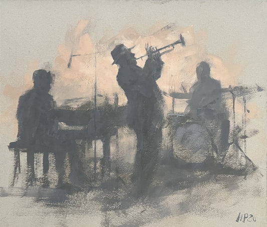 Petermann, Hanna, Jazz-Band, Trompeter, 28 x 33cm, Studie, Öl auf Karton