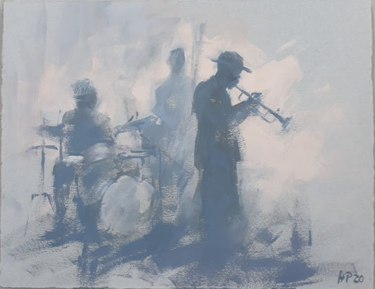 Petermann, Hanna, Jazz-Band, Trompeter, 28 x 33cm, Studie, Öl auf Karton