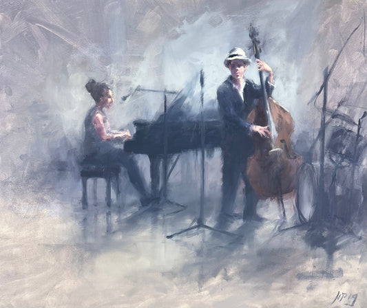 Petermann, Hanna, Jazz Band, 50 x 60cm, Sängerin am Flügel und Bassist, Studie, Öl auf Karton