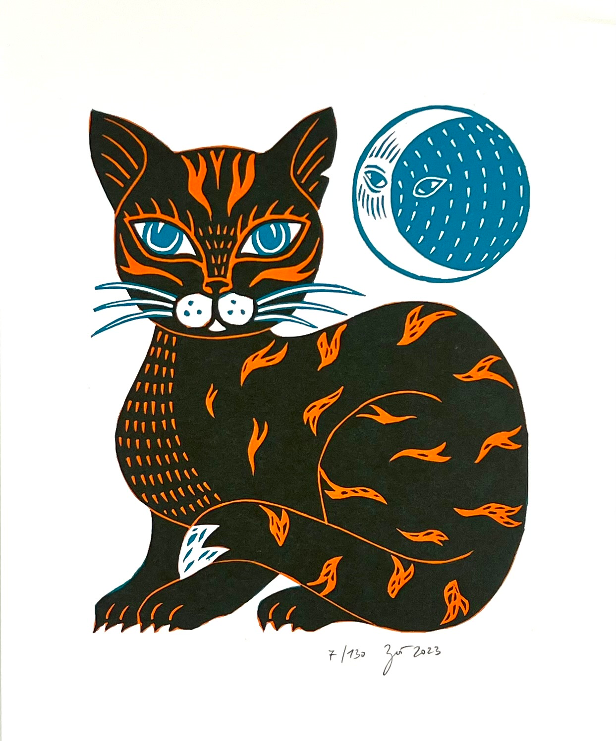 Zwirnmann, Katja, Katze, 24 x18cm, 7/130, Linolschnitt, dreifarbig, 2023
