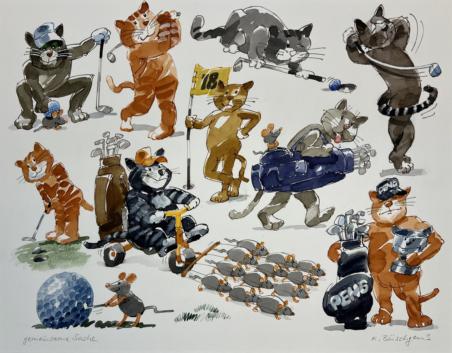 Büschgens, Klaus,Gemeinsame Sache, Katzen , 50 x 60cm, Aquarell