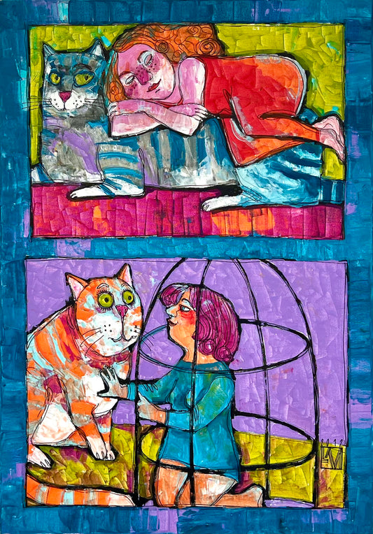 Monz, Lora, Katzenmutter, 100 x 70cm, Mischtechnik auf Leinwand
