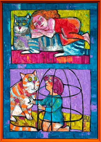 Monz, Lora, Katzenmutter, 100 x 70cm, Mischtechnik auf Leinwand