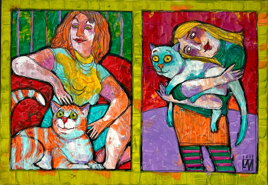Monz, Lora, Katzen und Frauen, 70 x 100cm, Mischtechnik auf Leinwand