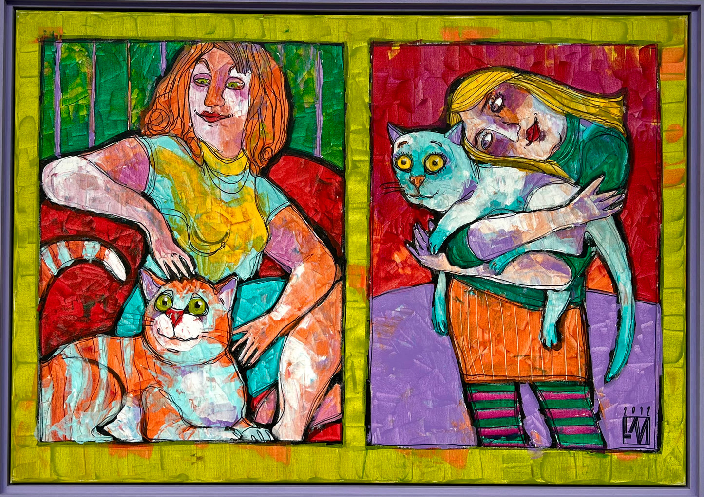Monz, Lora, Katzen und Frauen, 70 x 100cm, Mischtechnik auf Leinwand