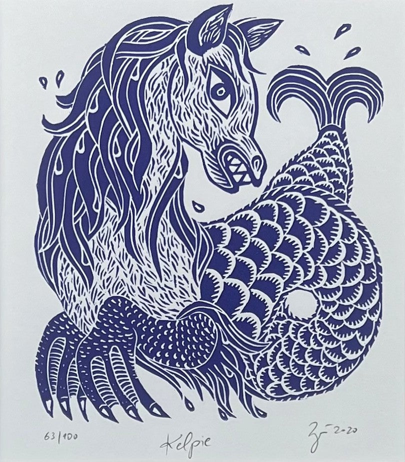 Zwirnmann, Katja, Kelpie/Kleines Pandämonium, 22,5 x 16,5cm, 63/100, Linolschnitt, 2020