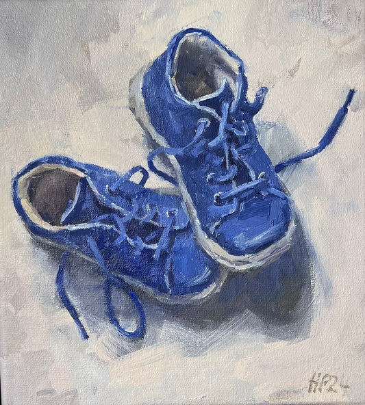 Petermann, Hanna, Kleine blaue Schuhe, 23 x 21cm, Öl auf Leinwand, 2024
