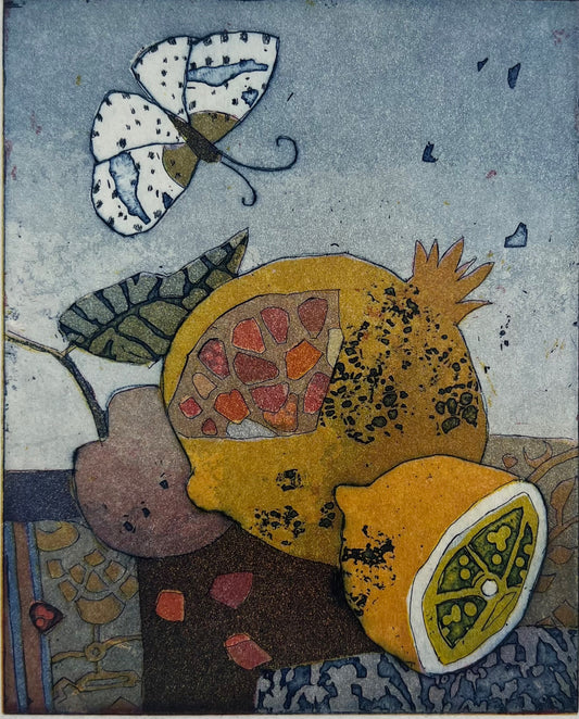 Votteler, Jutta, Kleiner Granatapfelbesuch, 27,7 x 20,2cm, Farbradierung