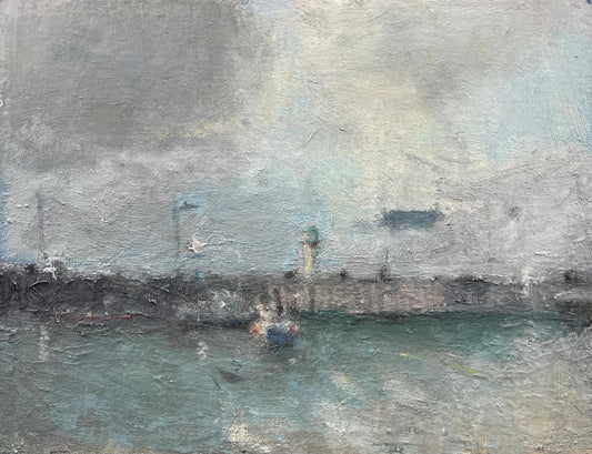 Feyen, Harald, Kl. Hafen mit Leuchtturm, 21 x 27,5cm, Ölgemälde