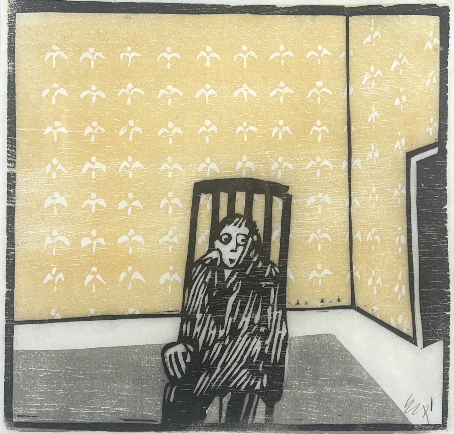 Knortz, Manuel, Mann auf Stuhl, 31 x 30cm, Holzschnitt