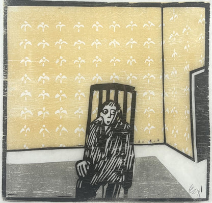 Knortz, Manuel, Mann auf Stuhl, 31 x 30cm, Holzschnitt