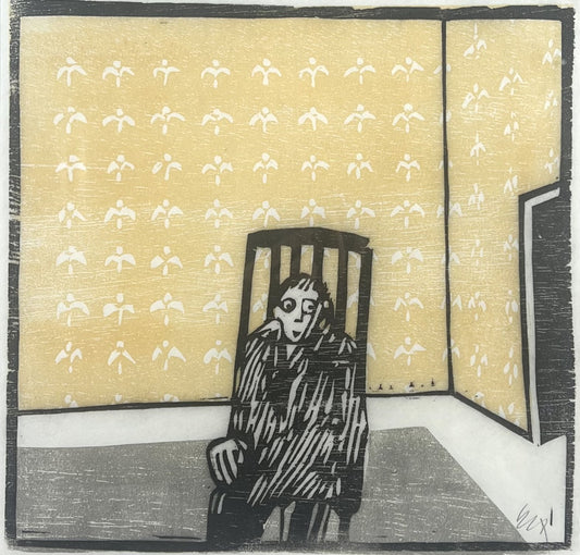 Knortz, Manuel, Mann auf Stuhl, 31 x 30cm, Holzschnitt