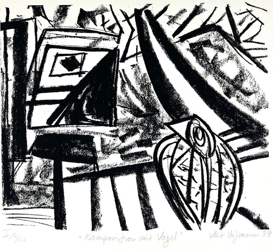 Hofmann, Veit, Komposition mit Vogel, 27 x 32cm, 4/20, Siebdruck, 1988