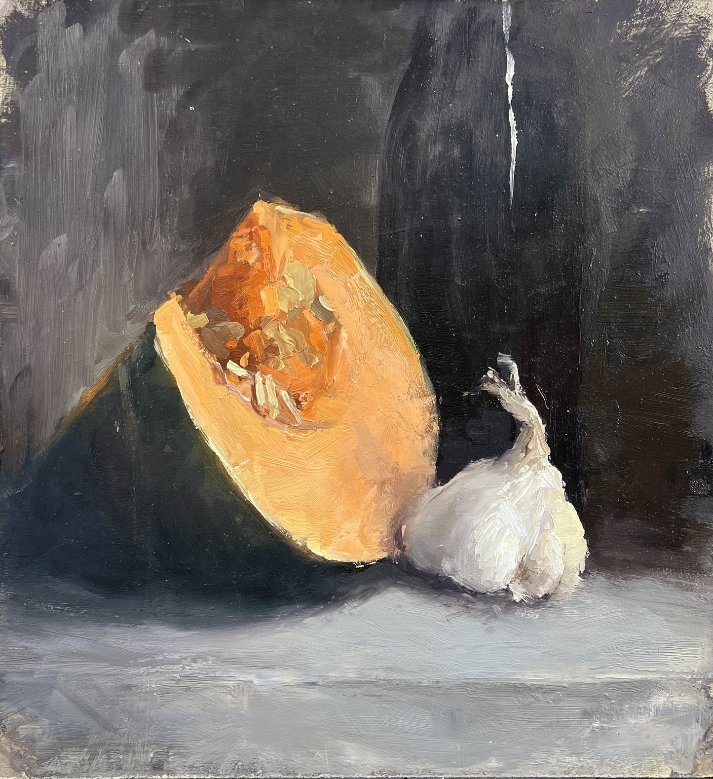 Petermann, Hanna, Kürbis mit Knoblauch, 27 x 25cm, Öl auf Hartfaser, 2019