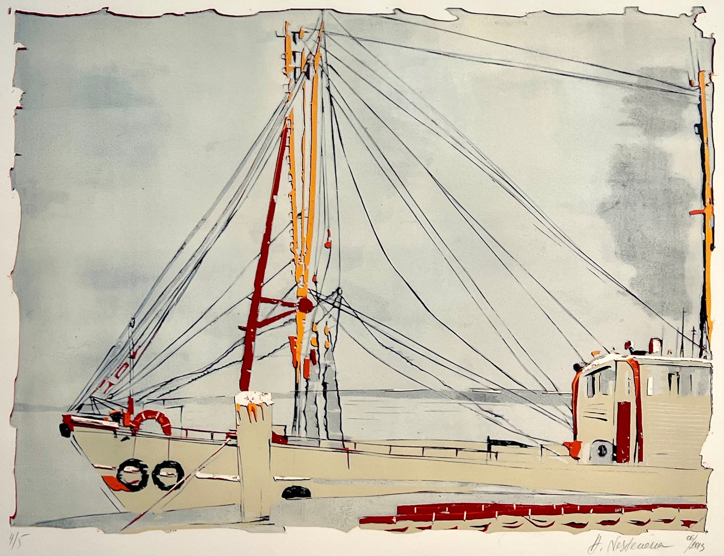 Nesterova, Anastasiya, Kutter im Nebel, 50 x 67cm, 4/5, Farbholzschnitt, 2013