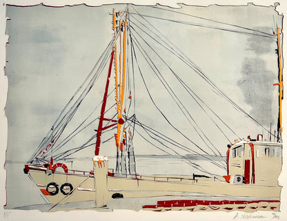 Nesterova, Anastasiya, Kutter im Nebel, 50 x 67cm, 4/5, Farbholzschnitt, 2013