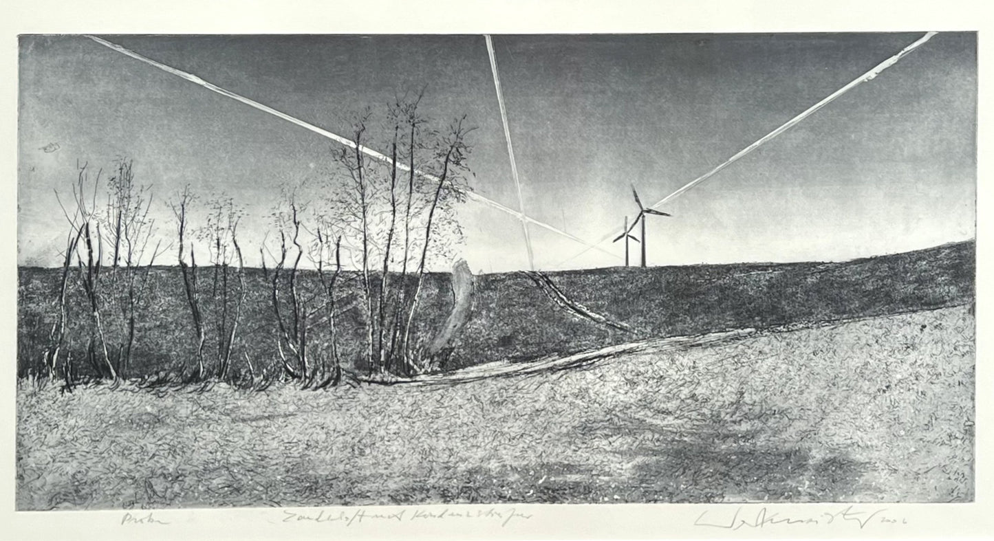 Werkmeister, Wolfgang, Landschaft mit Kondensstreifen, 29,5 x 59cm, Probe, Radierung