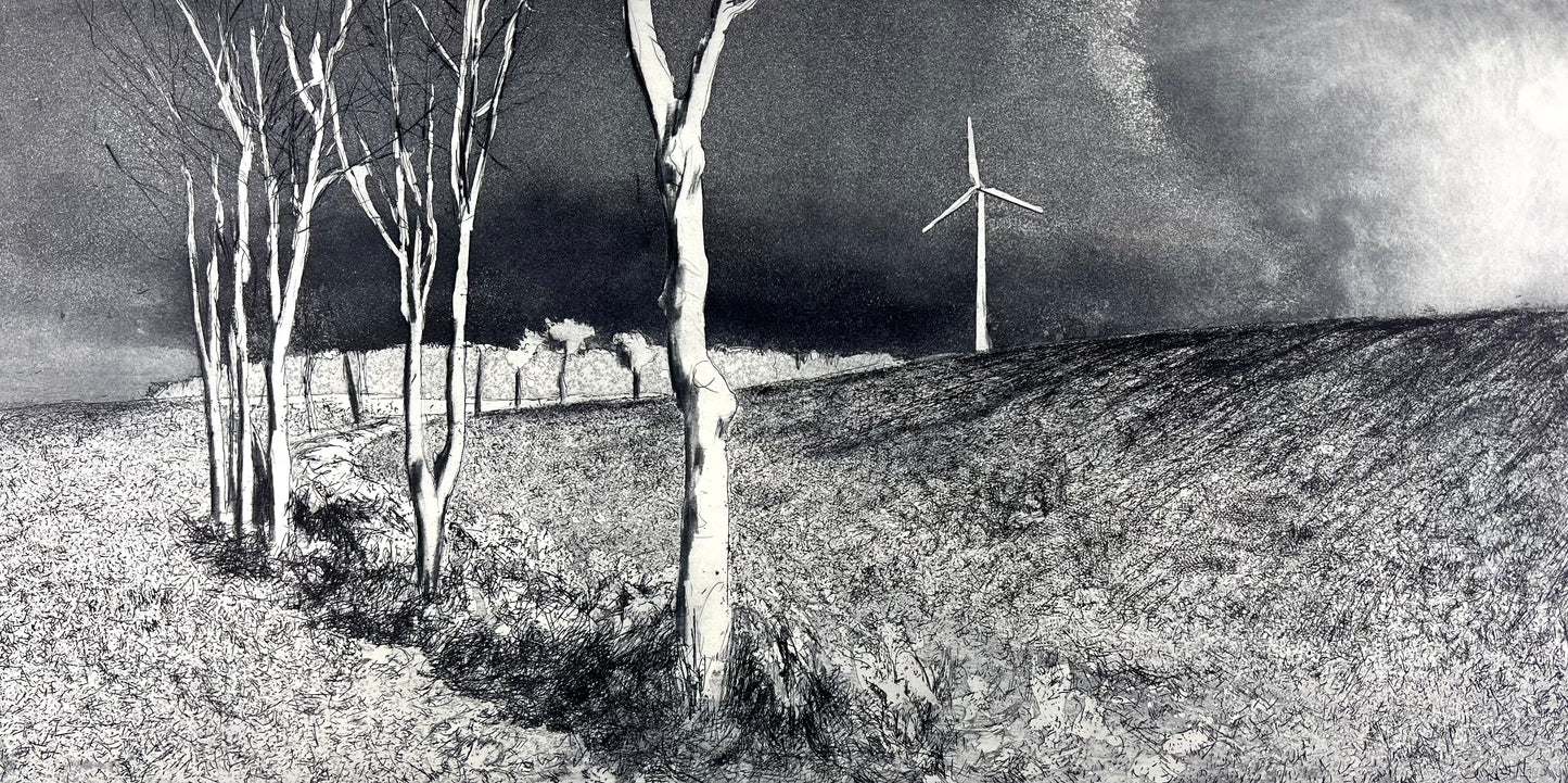 Werkmeister, Wolfgang, Landschaft mit Windrad, 29,5 x 60cm, 2/85, Ostküstenzyklus, Radierung