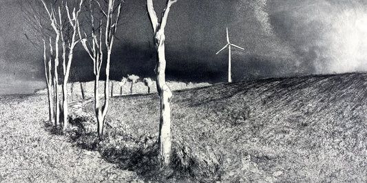 Werkmeister, Wolfgang, Landschaft mit Windrad, 29,5 x 60cm, 2/85, Ostküstenzyklus, Radierung