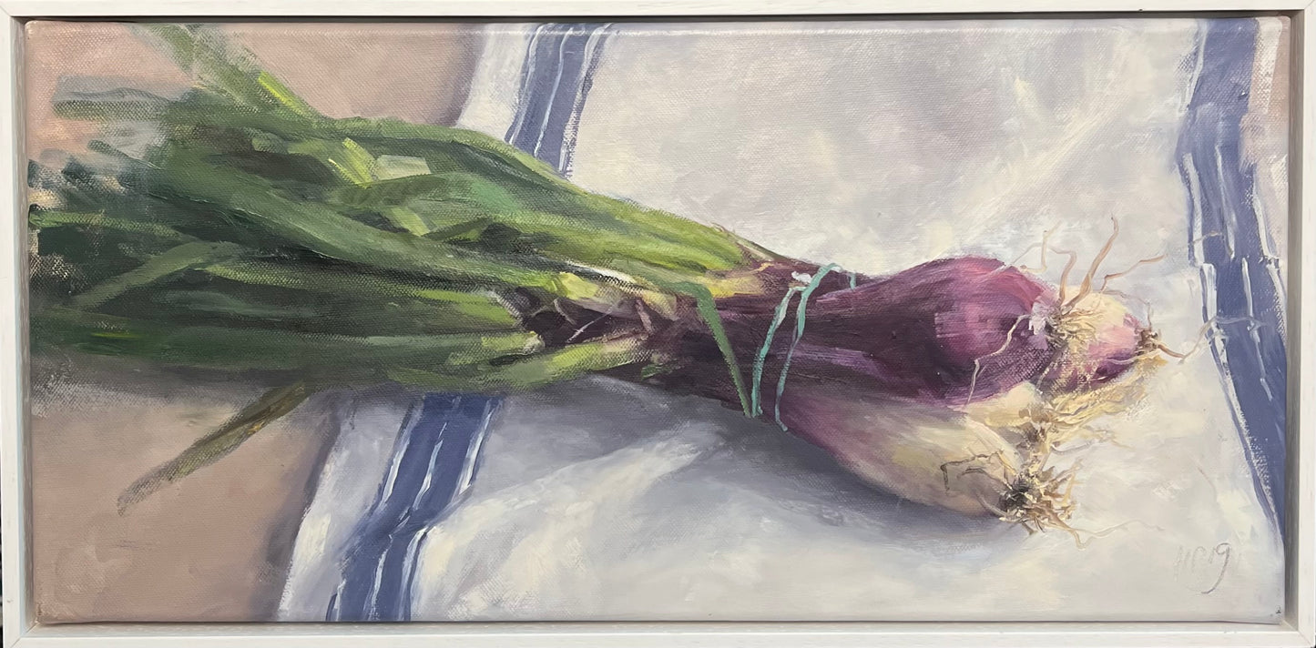 Petermann, Hanna, Lauchzwiebeln, 2019, Unikat, Öl auf Leinwand, 25,2 x 52 cm