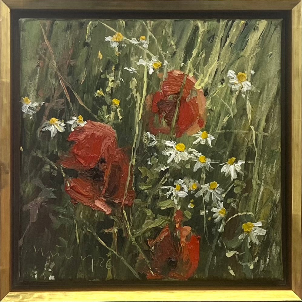 Meinel, Mathias, Mohn und Kamille III, 25x25cm, Öl auf Leinw., 2026